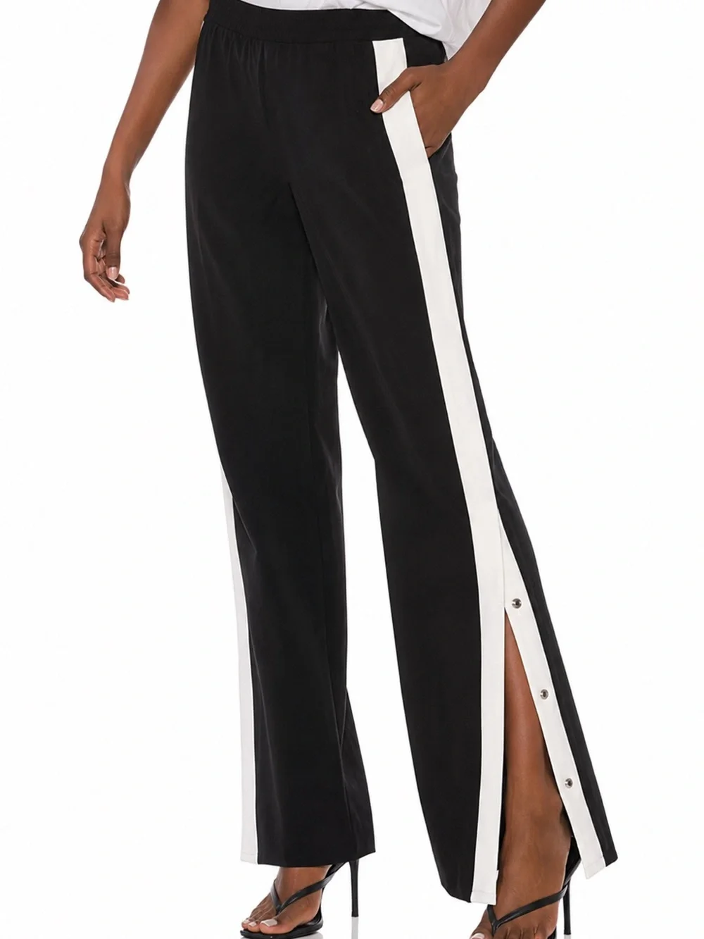 Theory Black Wide-Leg Track Pants with White Side Stripe